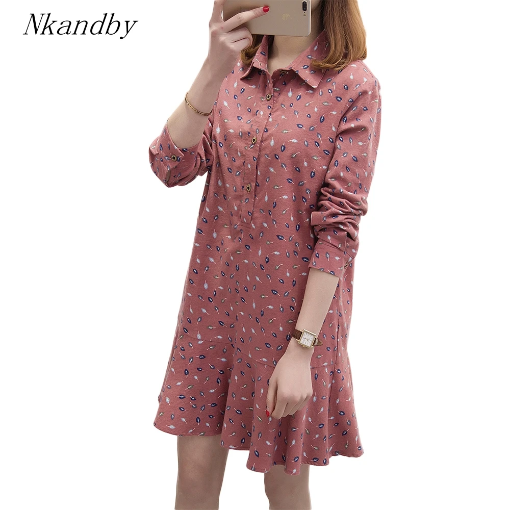 

Plus size Dresses 2019 Spring Women Clothing Fashion Button Turn-down Collar Ruffles Dropped Print Ladies Big size Dress
