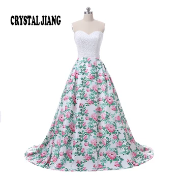 

Hot Sale 2017 Sweetheart Delicate Beaded Natural Waist Custom made Floral Print Ball Gown Elegant Prom Dresses