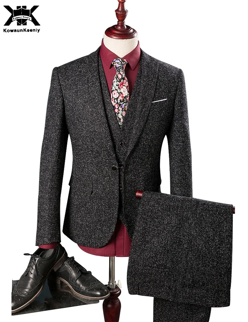 (Jacket+Pants+Vest) KowaunKeenly Black Linen Suits Mens Wedding Groom