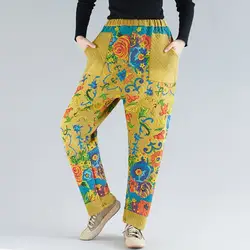 Эластичный Пояс Мешковатые шаровары бархатные теплые кросс-брюки зима для женщин; Большие размеры флисовые штаны в китайском стиле
