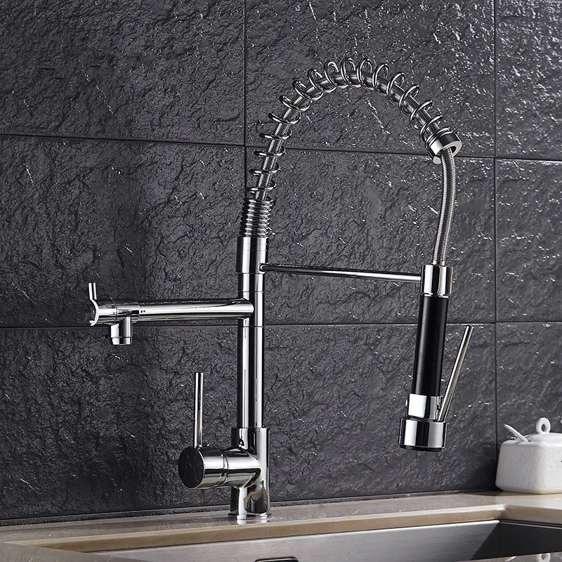 

Spring Style Pull Out Kitchen Faucet Mixer Multifunctional Water Tap 2 Water Outlet All Around Rotate Swivel