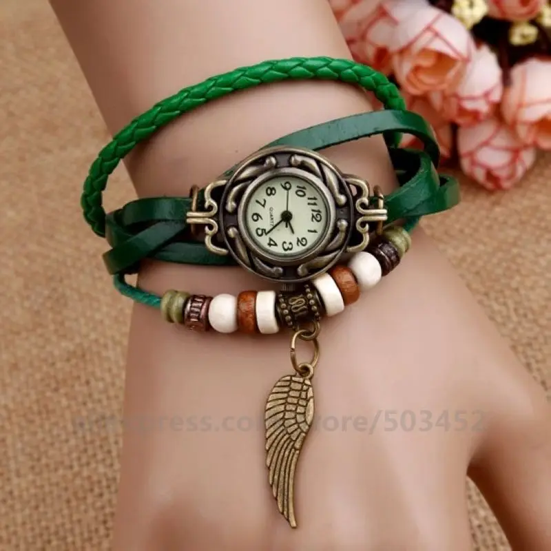 100 шт./партия, Подвесные часы с крылом, винтажные часы с браслетом, классические дизайнерские бронзовые кожаные часы, кварцевые часы для девочек - Color: green