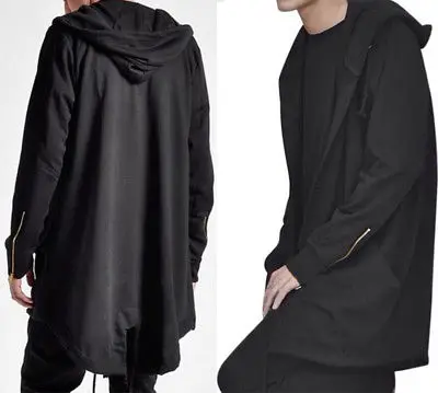 Fashion Men Punk black Hooded Jacket Long Cardigan Black Ninja Goth Hoodie Coat
