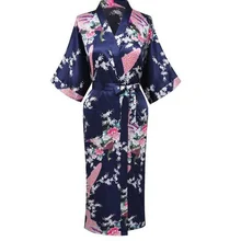 Темно-синий летний винтажный Атласный халат из искусственного шелка женские сексуальные кимоно юката платье пижамы Павлин Размер S M L XL XXL XXXL BR107