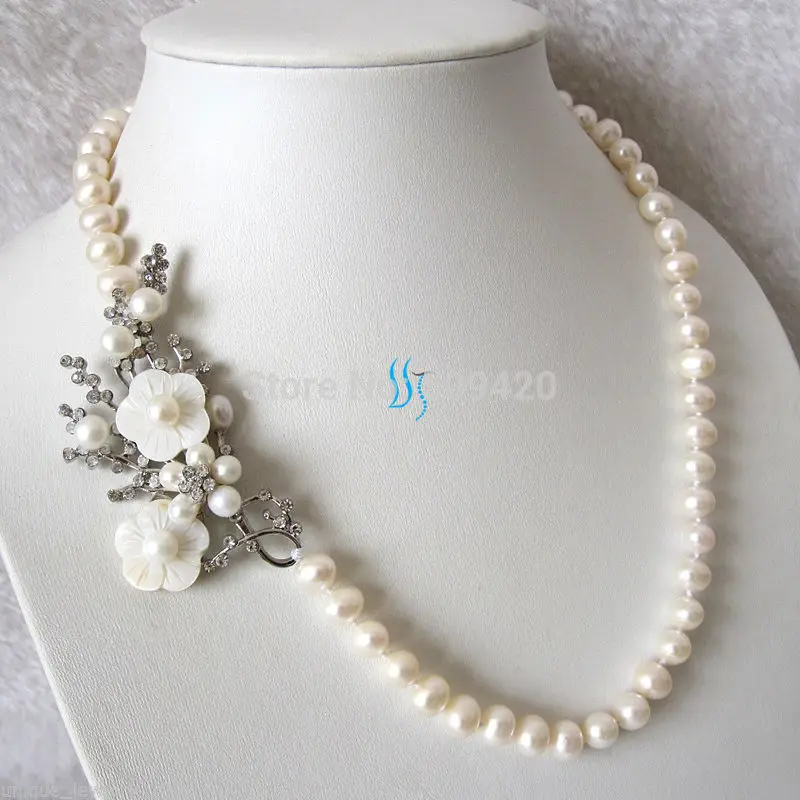 

FREE SHIPPING>>@> HOT >20.5" 8-9mm White Freshwater Pearl Necklace White Flower Pendant