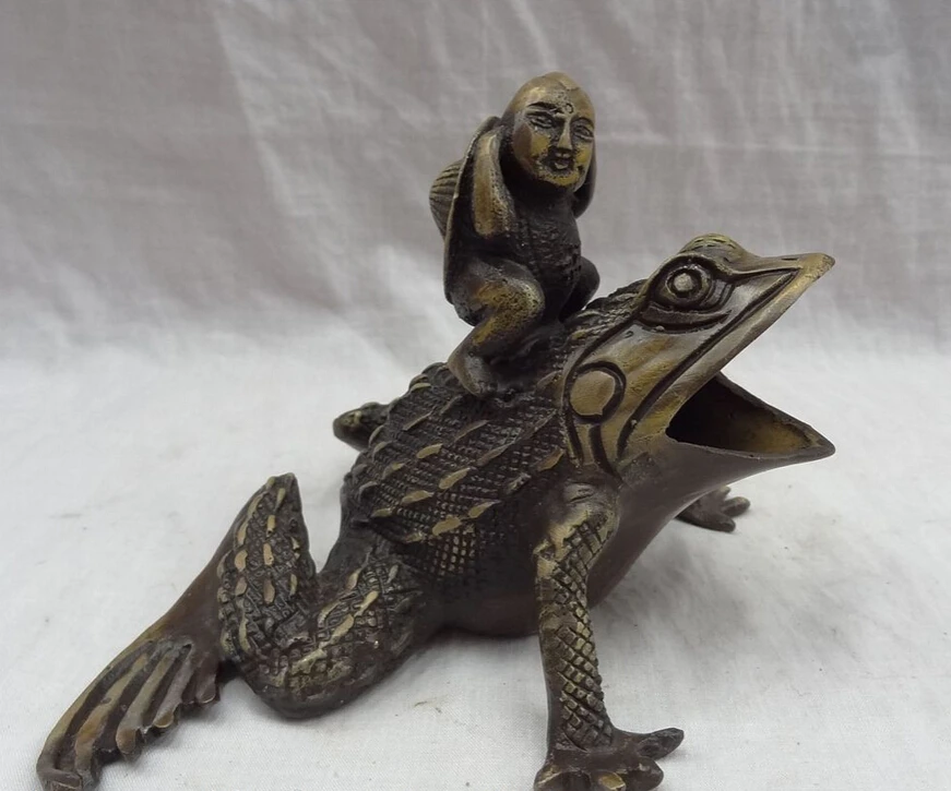 

song voge gem S2836 Folk Chinese Bronze FengShui Wealth Kid Child Ride Hoptoad Toad Statue Censer