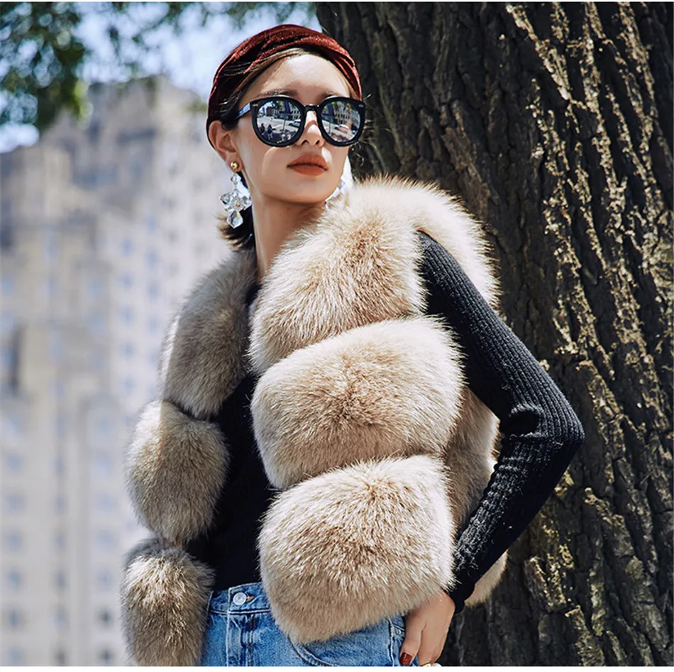 Khaki Short fox fur vest stripes Jacket coat sleeveless parka gilets