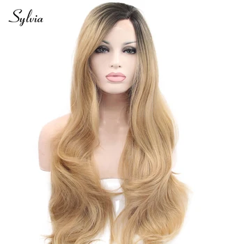 

Sylvia Mixed Blonde Ombre Long Body Wave Synthetic Lace Front Wigs with Dark Roots Natural Blonde Heat Resistant Fiber Hair