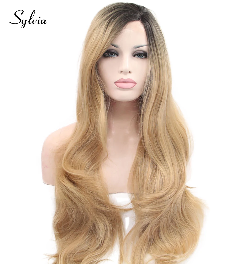 Sylvia mixed blonde ombre long body wave synthetic lace front wigs with dark roots natural