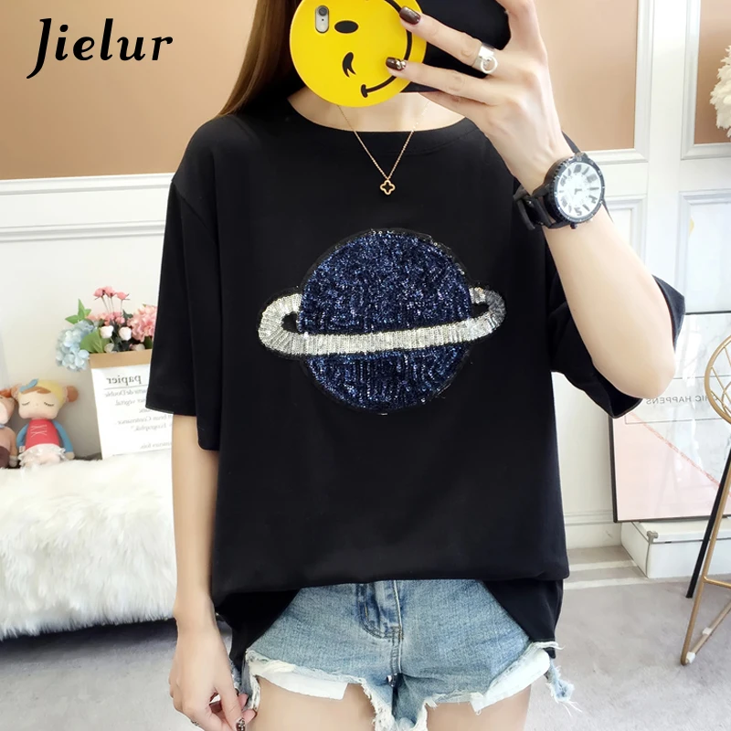 Jielur Harajuku футболка с принтом женская Kpop Стиль короткий рукав Повседневная