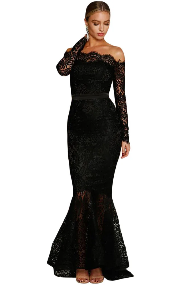 White long sleeve dress with black lace trim