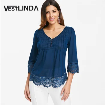 

VESTLINDA V Neck Button Pleated Lace Appllique Hem Top Female Casual Women Blouses 2018 Autumn Blusas Feminina Fashion Clothes
