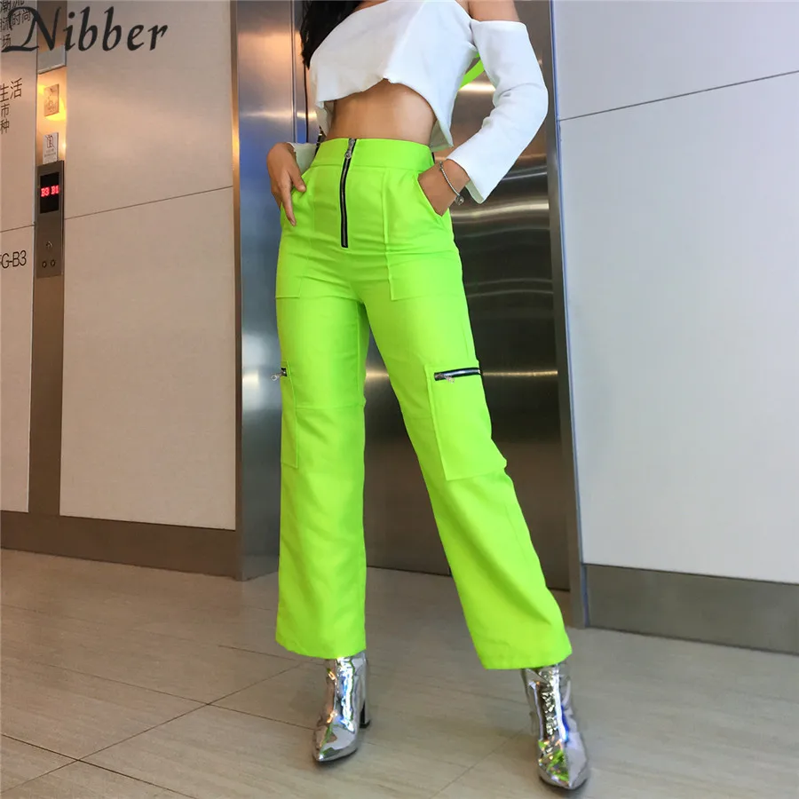 

Nibber spring new Fluorescent green Women Straight pants simple fashion zipper pocket design high Waist Slim wild casual pants