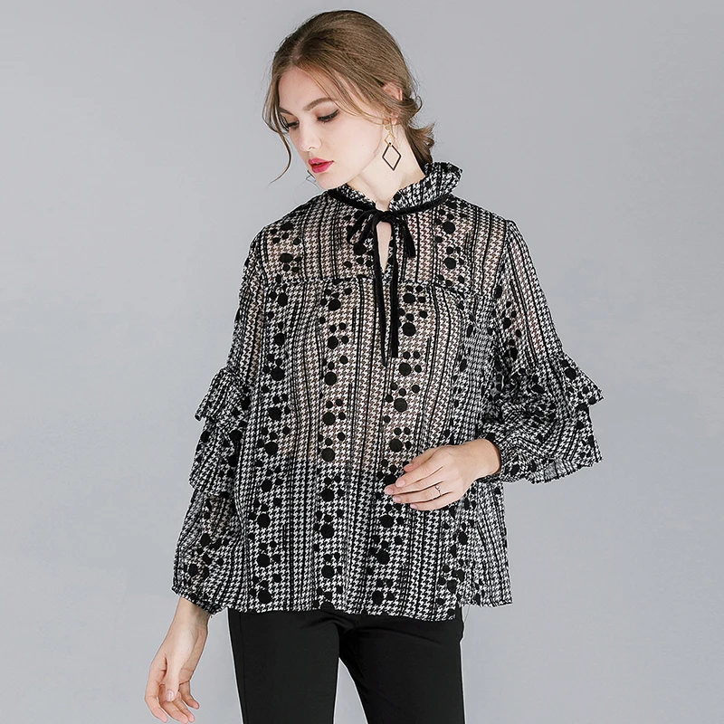 

2019 Large size womens Spring new loose show thin Lotus leaf chiffon Tops bandage georgette Plus size fashion casual chiffon top