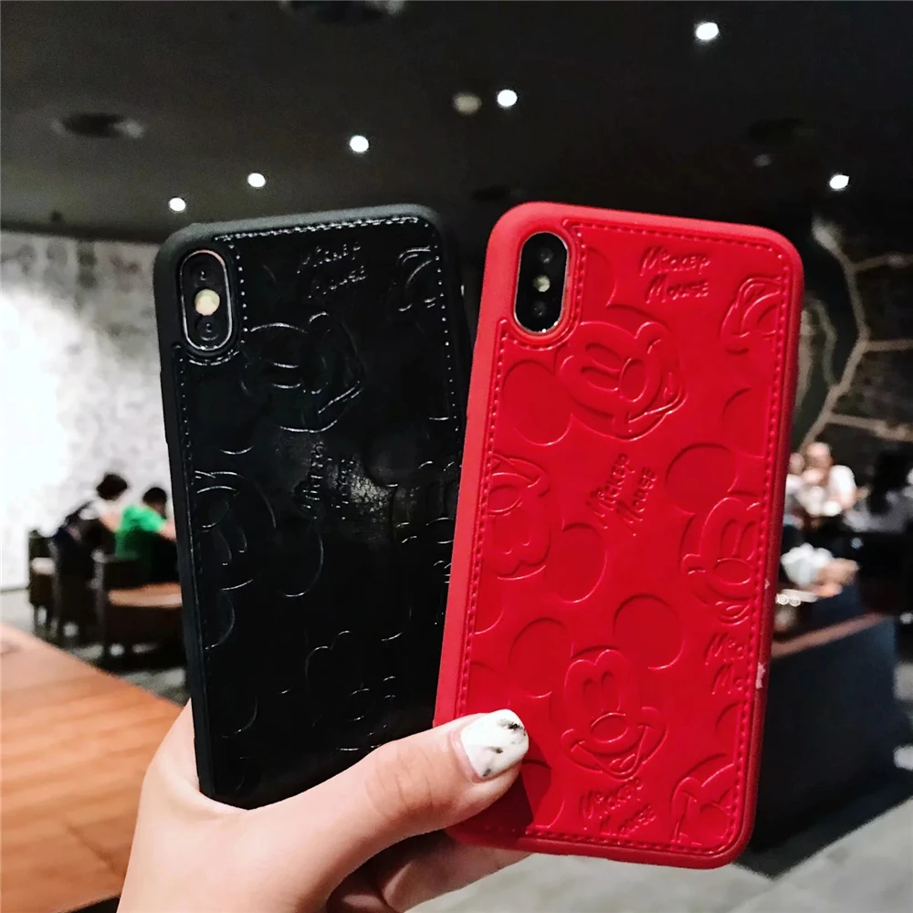 Mobile Phone - Cartoon Mickey Minnie Mouse Leather Case For iPhone 8 7 6 6S Plus X Xs Max XR 3D embossing Disneys Painting Soft leather Cover