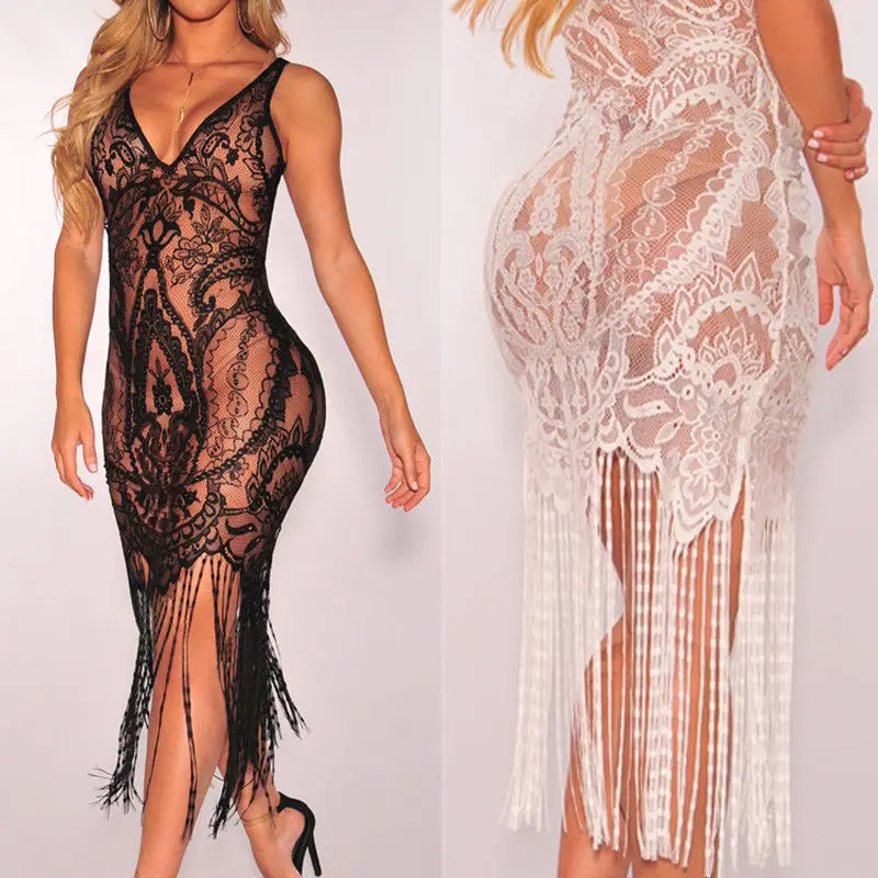 

2019 Hot Brand Women Bandage Bodycon Hollow out Lace Crochet Bathing Suit Bikini Swimwear Cover Up Beach Dress Soft Sundress