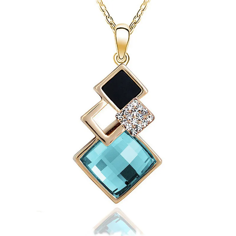 Модные женские ювелирные изделия, ожерелье с голубыми кристаллами для женщин, пустотелые золотые геометрические Подвески с бижутерией