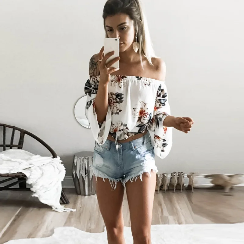 

Flare Sleeve Boho Flower Print Tank Tops Elegant Off Shoulder Crop Top for Women Clothing Summer Streetwear Tees Camis