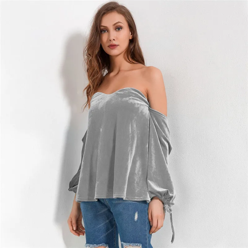 RIISDA Spring off shoulder Velour Crop Top T shirts Lantern long sleeve Solid Color Tops Tee For Women Clothing camisetas mujer (4)