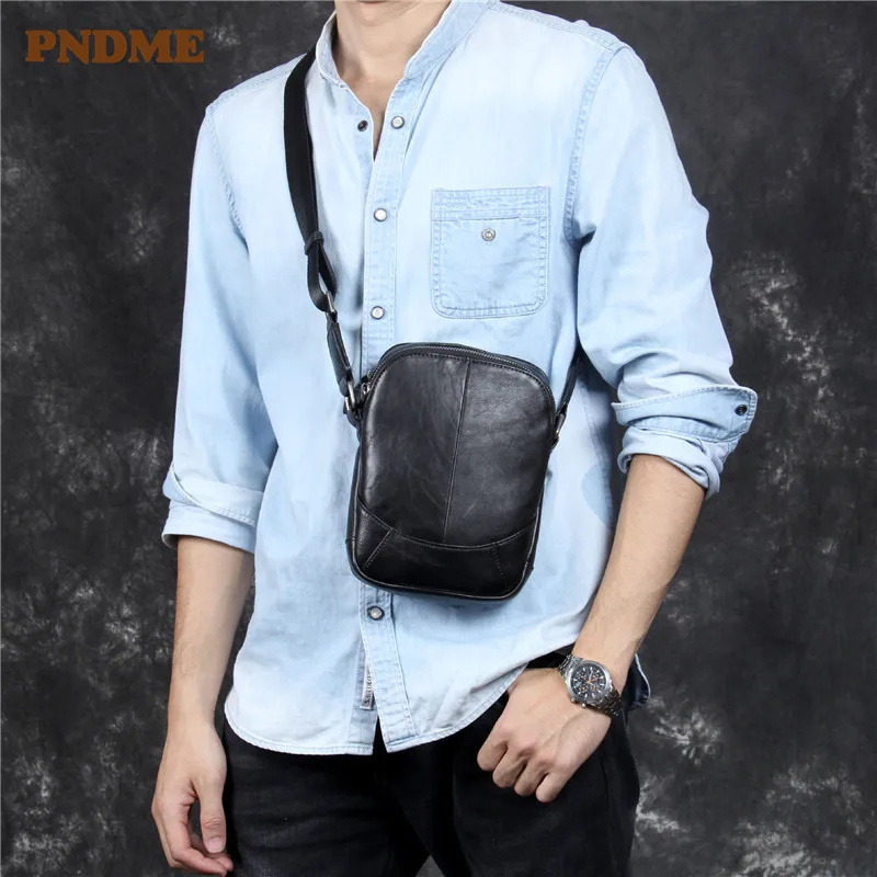 

PNDME casual first layer cowhide men's diagonal bag simple fashion soft genuine leather black light small shoulder messenger bag