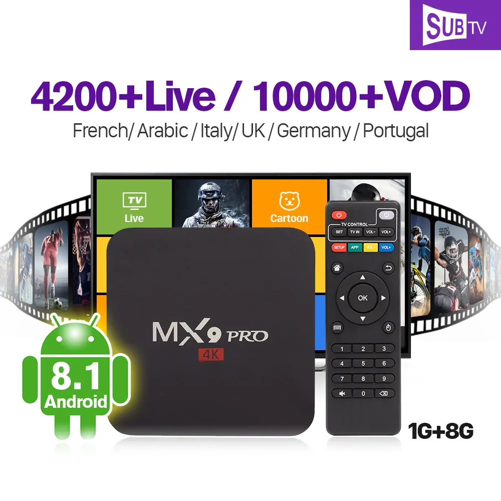 IPTV France Arabic Italy Canada SUBTV Box MX9Pro Android 8.1 1G+8G IP TV 1 Year Subscription Box IPTV France Arabic Italy Canada