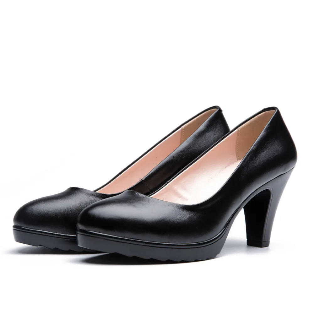 

2019 Comfortable Women Black Genuine Leather High Heels Woman Casual Nurse Work Shoes Bridal Shoes Chaussure Femme Talon