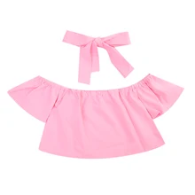 Однотонные цветные наряды для маленьких девочек, пляжный костюм с оборками, одежда с повязкой на голову, рубашки с открытыми плечами для маленьких девочек