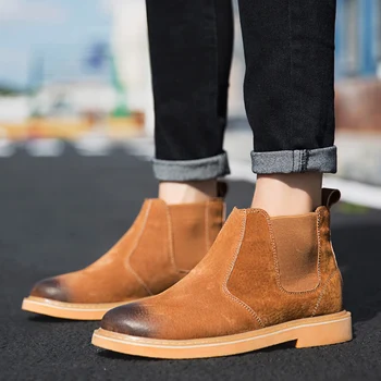 

2018 Men's Boots Suede Shoes Black Chelsea Boots Slip On Dress Shoes Men Suede Real Leather Ankle Boots Size 38-44 Martin Boots
