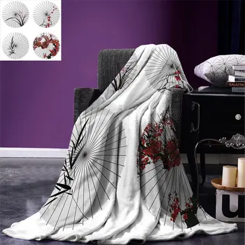 

Japanese Throw Blanket Group of Ethnic Parasol with Swirled Floral Line Bamboo Leaf Artwork Warm Microfiber All Season Blanket