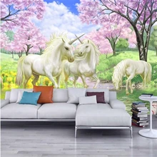 Wellyu пользовательские 3D Настенные обои Единорог мечта вишня цветение ТВ фон настенные картины для детской комнаты спальни обои