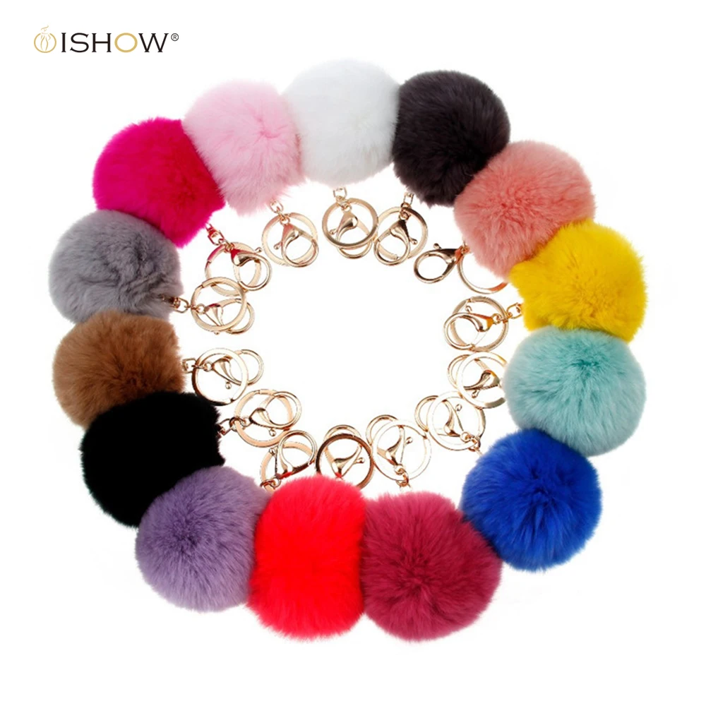 2016 Fashion Rabbit Fur Ball Keychain Colors Highly 8CM Big Metal Real