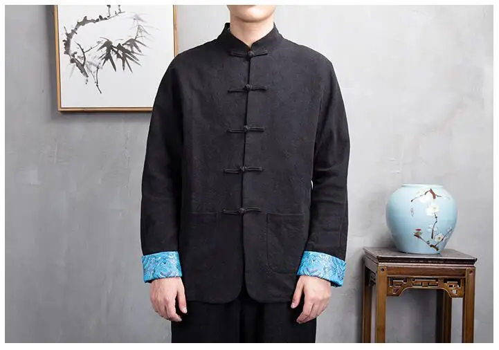 

New Brand Spring Autumn Man Business Casual Jacket Tang Suit Cotton Linen Embroidery Men Fashion College Jacket Hommes coats