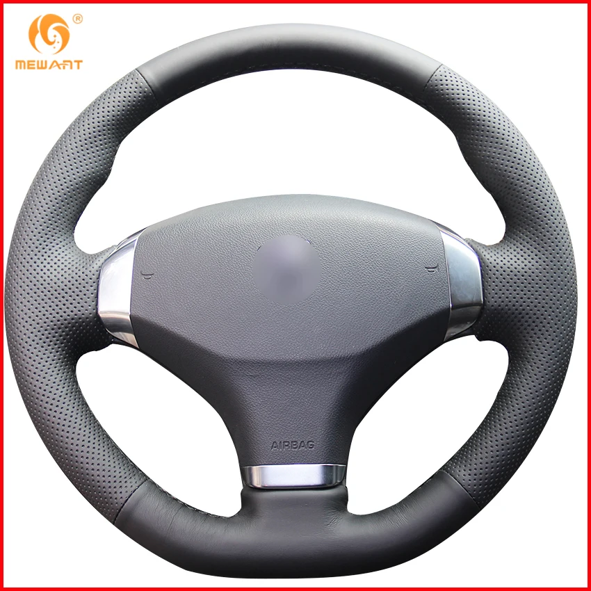 MEWANT Black Genuine Leather Car Steering Wheel Cover for