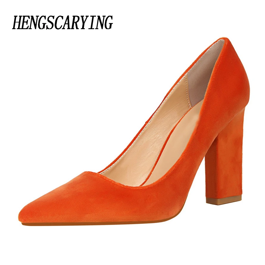 

HENGSCARYING 2019 Fashion Sweet Women 9cm High Heels Pumps Female Sexy Pointed Toe Block Thick High Heels Lady Blue Green Shoes
