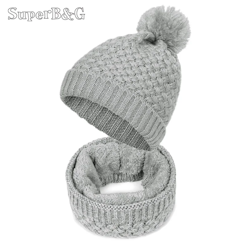 

SuperB&G Fashion Women Winter Scarf Knitted Scarves Plus Velvet Cotton Neck Warm Scaves Women Children Boys Scarf Men Beanie Hat
