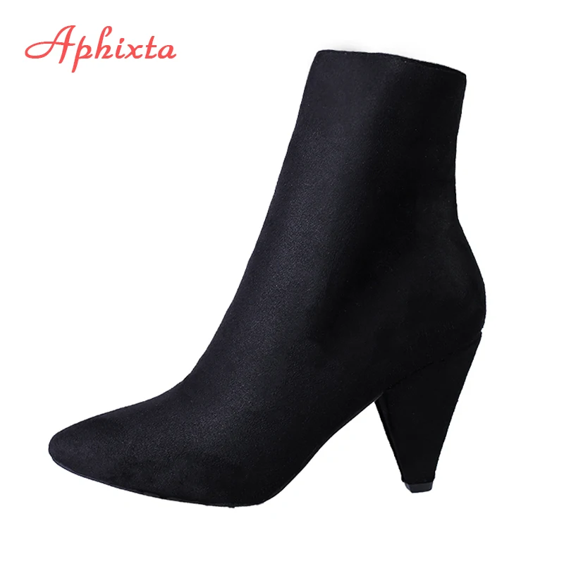 

Aphixta 2018 Winter Mid-Calf Boots Shoes Women Spike Heel Boots Sheep Suede Botas Mujer High Heel Boots Zip Autumn Ladies Shoes