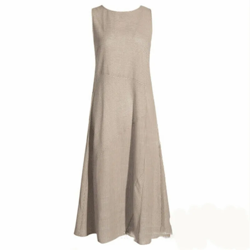 

2019 New Striped Summer Womens Dresses Beach Striped Sleeveless Loose Casual Cotton Linen Long Dress Femme
