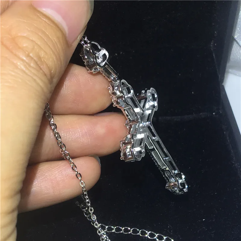 Vecalon Потрясающие длинный крест кулон 925 пробы серебро 5A Cz каменный крест кулон цепочки и ожерелья для женщин вечерние партии Свадебные украшения