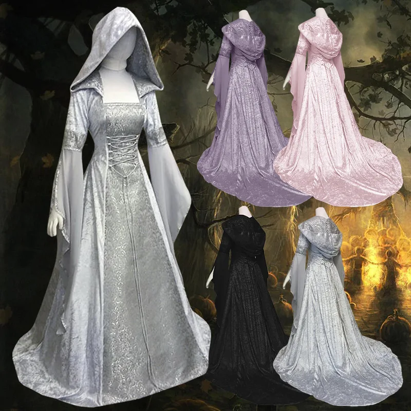 Women Medieval Victorian Vintage Renaissance Dress Hooded Gothic Cosplay Costume 