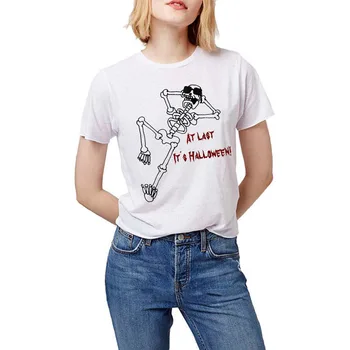 

LUS LOS AT LAST IT'S HALLOWEEN Women Halloween Shirt White Short Sleeved Casual T Shirt Women Super Soft Summer Shirt