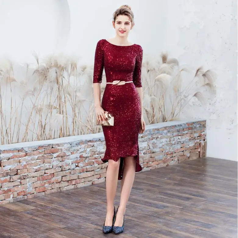 wei yin Black Sequins Cocktail Dresses New Arrival Sexy O Neck Spaghetti Straps Party Gown Bodycon Vestido Coctel Corto WY1780 - Color: wine red