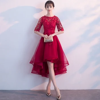 

High Quallity Women Red Lace Slim Wedding Cheongsam O-Neck Improved Fashion Half Sleeve Gowns Noble Princess Evening Party Dress