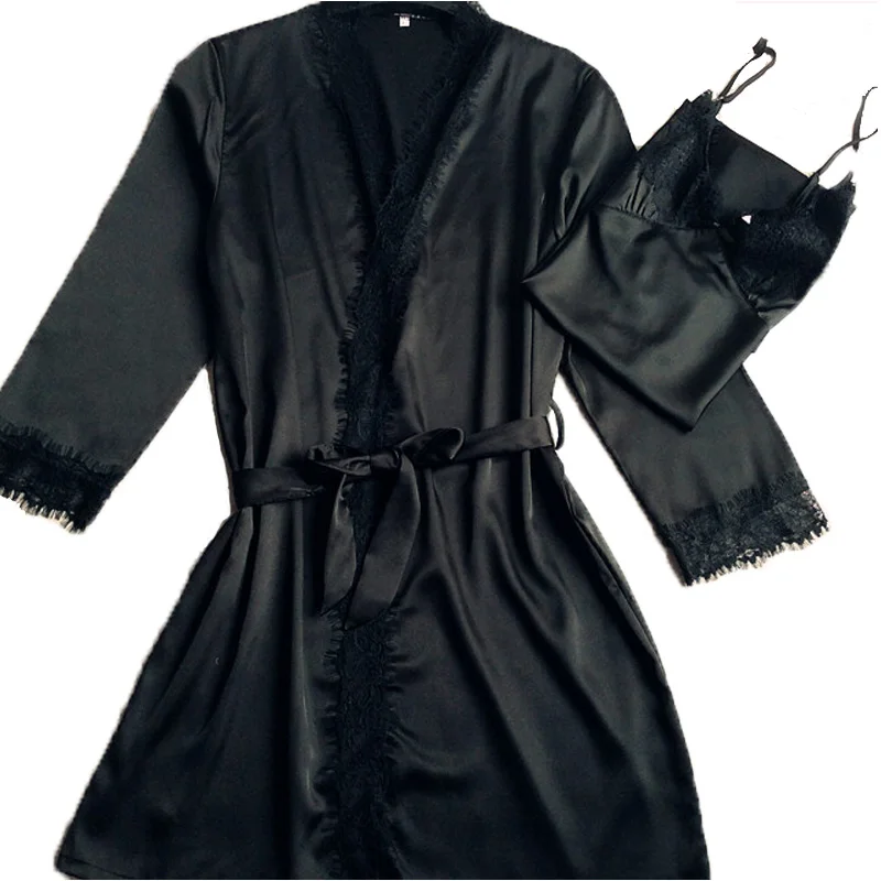 New Solid Satin Silk Lace Robe Spring Summer Sexy Women Bathrobe Sleep Robes Ladies Home Clothes