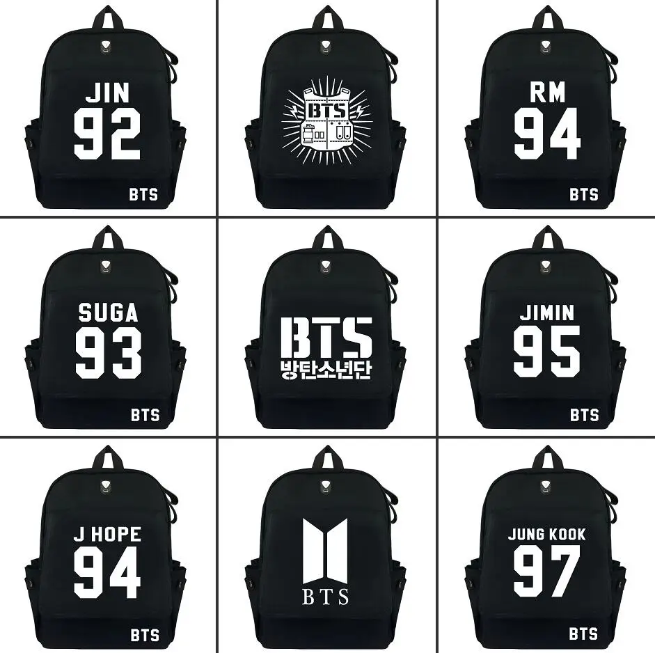 

Kpop BTS Bangtan Boys canvas Backpack student School bag SUGA J-HOPE JIMIN Casual Fashion zip Rucksack BT21 Travel Shoulder Bag