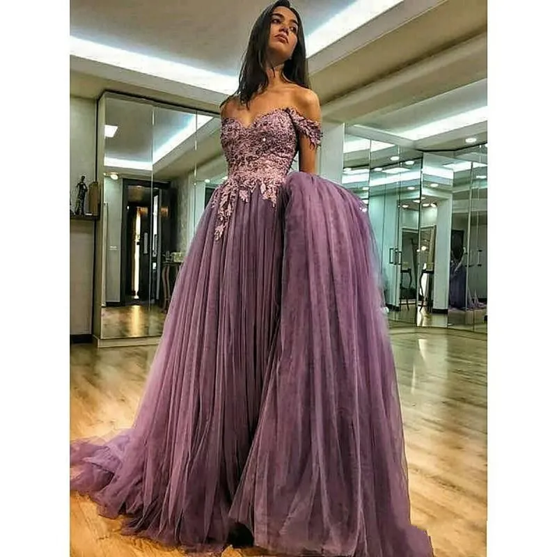 

Off The Shoulder Evening Dresses 2019 A-line Tulle Lace Pearls Formal Islamic Dubai Kaftan Saudi Arabic Long Evening Gown