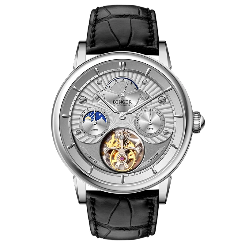 Мужские часы BINGER TOURBILLON из натуральной кожи крокодила водонепроницаемые с