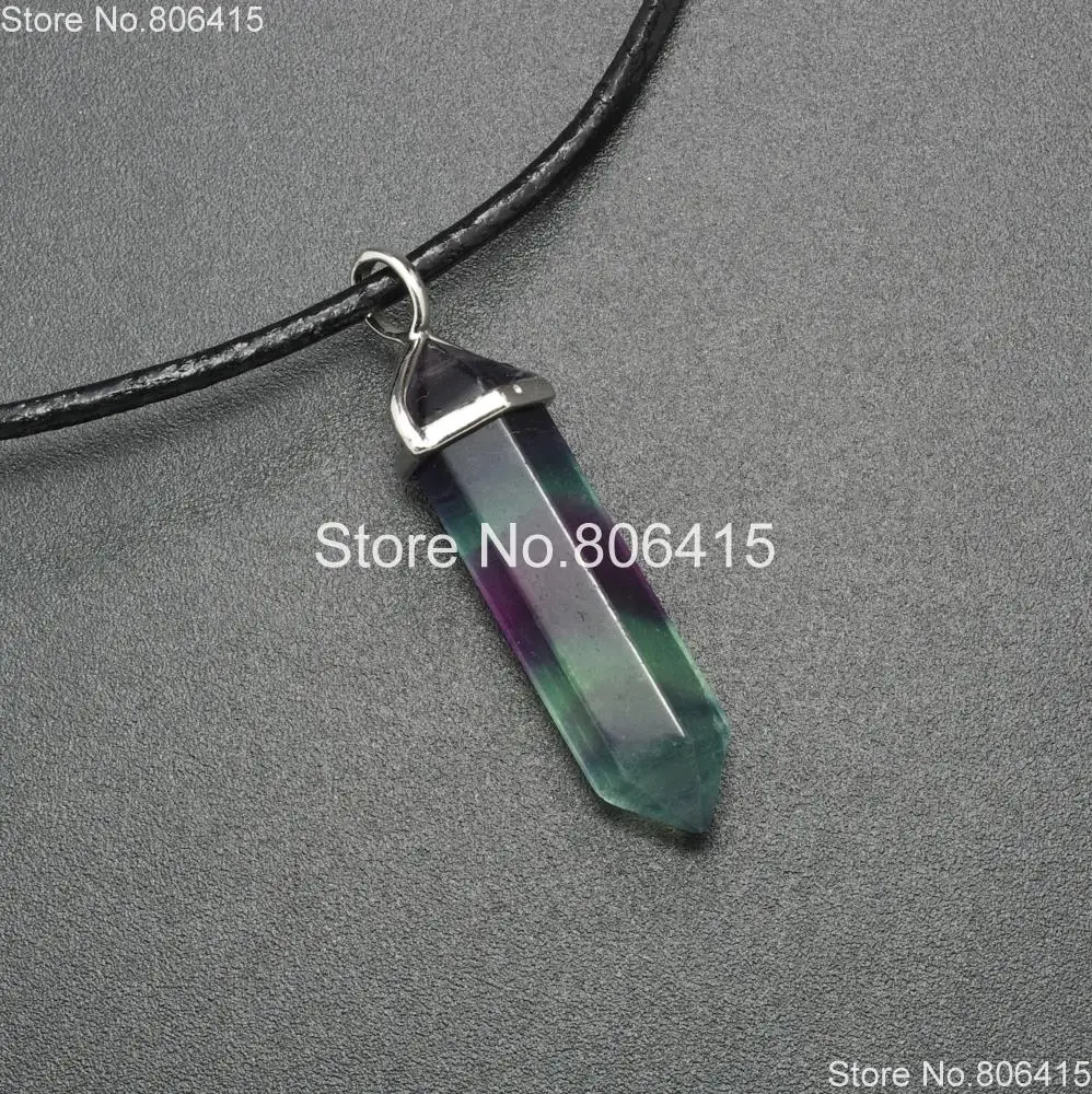 

Natural Multi-Colored Fluorite Gems Stones Hexagonal Point Healing Reiki Chakra Pendant Beads Real Leather Necklace 5 Sets 18"