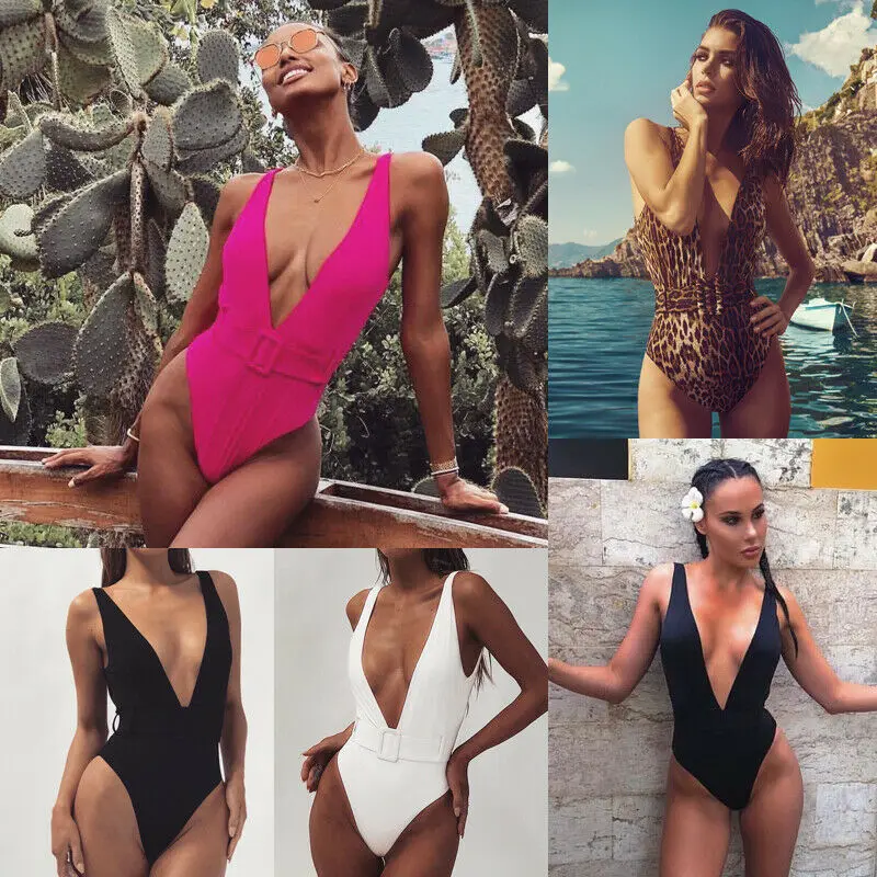 

Women Sexy One Piece Deep V Neck Swimsuit Pad Belt Buckle Swimwear Lady Backless Leopard Bathing Beachwear