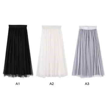 

Women Summer Tulle Skirts Elastic High Waist Pleated Long Skirt Ladies Casual Solid Breathable Lining Bottoming Skirt One Size