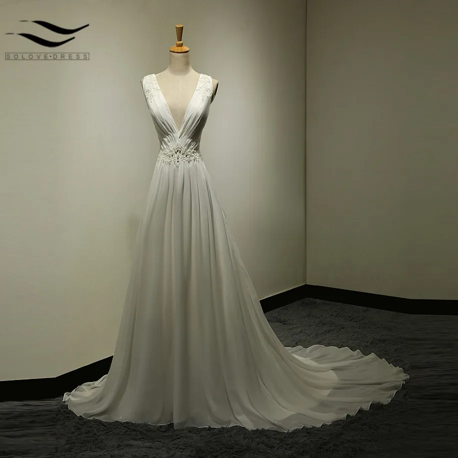 

Sexy V-neck Beading Pearls Chiffon Ivory White Long Formal See Though Back Evening Dresses New Style Prom dresses With Train